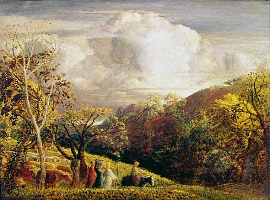 Landscape, figures and cattle (w/c and bodycolour on paper) à Samuel Palmer