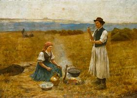 couple de paysans hongrois en préparant le dîner