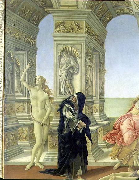 The Calumny of Apelles; detail showing the naked figure of Truth pointing to heaven and Penitence cl à Sandro Botticelli