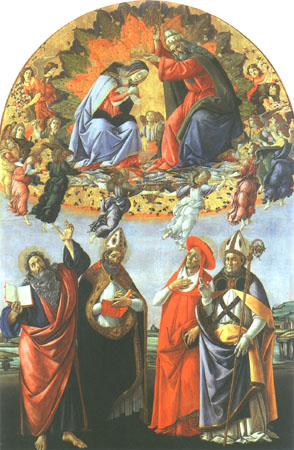 couronnement de Marie avec Saint Jean l'évangéliste, Augustin, Jérôme et Eligius à Sandro Botticelli