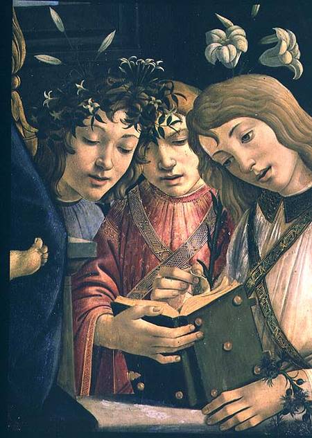 Madonna and child with the young St. John the Baptist and angels: detail showing three angels à Sandro Botticelli