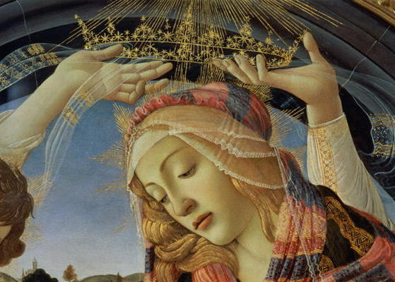 The Madonna of the Magnificat, detail of the Virgin's face and crown, 1482 (tempera on panel) (detai à Sandro Botticelli