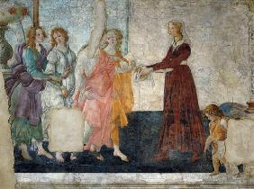 Venus et les trois grâces offrent un cadeau à une jeune femme