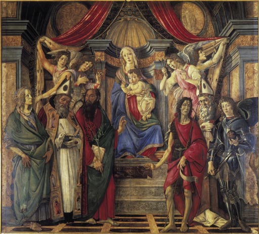 Thronende Madonna mit dem Kinde, Engeln und den Heiligen Katharina von Alexandrien, Augustinus, Barn à Sandro Botticelli