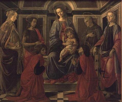 Virgin and Child with SS. Mary Magdalene, John The Baptist, Cosmo, Damian, Francis and Catherine, c. à Sandro Botticelli