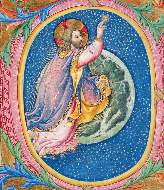 Historiated initial 'O' depicting God creating the stars (vellum) à Sano di, also Ansano di  di Mencio Pietro