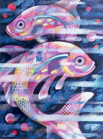 Fishstream (acrylic and oil pastel on paper)  à Sarah  Porter