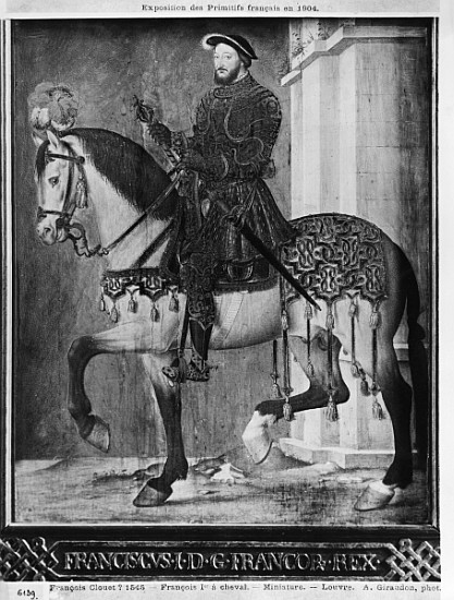 Equestrian portrait of King Francis I of France (w/c on vellum) à (école de) Jean Clouet