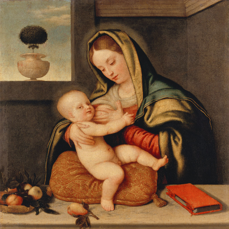 La jeune femme Sainte, l'enfant Jésus la poitrine allant. à École de Bergame