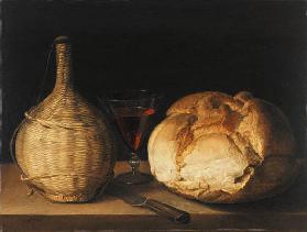 nature morte avec la bouteille, la coupe et pain.