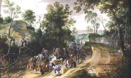 A Cavalry Column Ambushed on a Woodland path à Sebastian Vrancx
