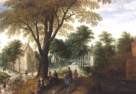 Elegant Horsemen and figures on a path in front of a chateau à Sebastian Vrancx