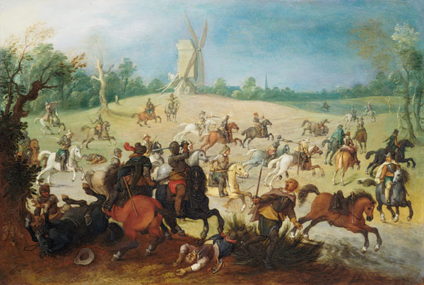 A cavalry battle in a wooded valley before a windmill à Sebastian Vrancx