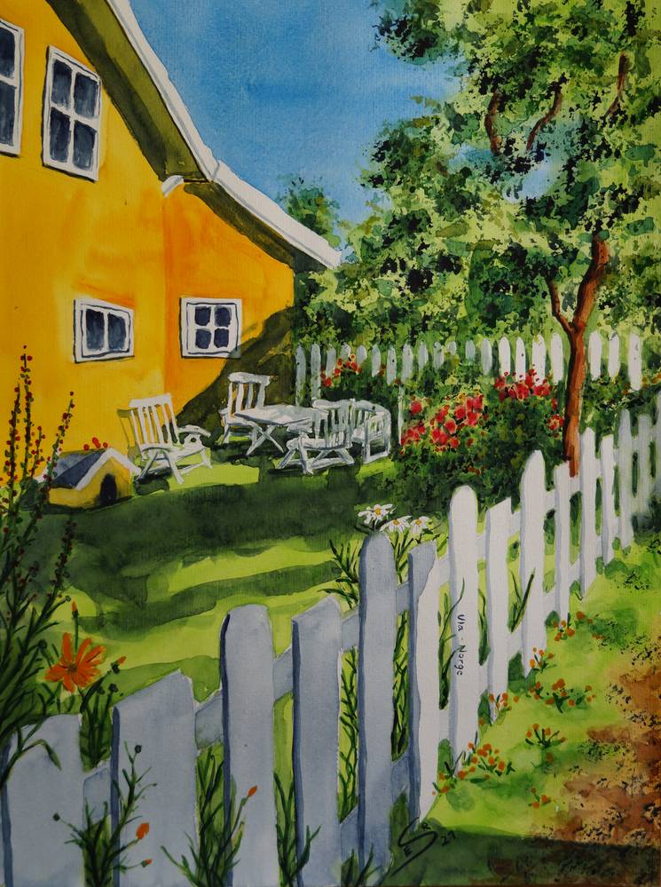 Garten mit gelben Haus in Ula, Süd-Norwegen à Eva Seltmann-Reinig