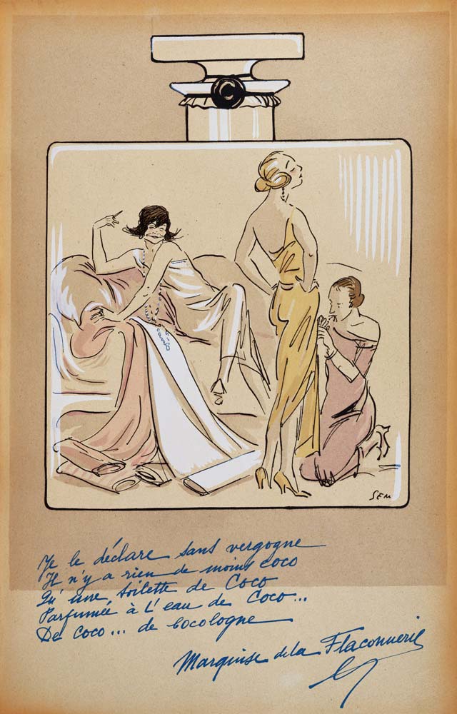Caricature of Coco Chanel (1883-1971) in a bottle of Chanel No.5, from 'Le Nouvel Monde', 1923 (colo à Sem