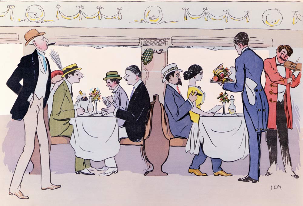 Restaurant Car in the Paris to Nice Train, 1913 (colour litho) à Sem