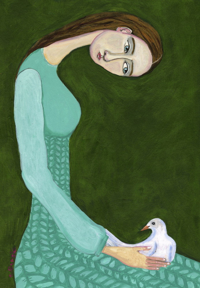 Lady sitting with white dove bird woman à Sharyn Bursic