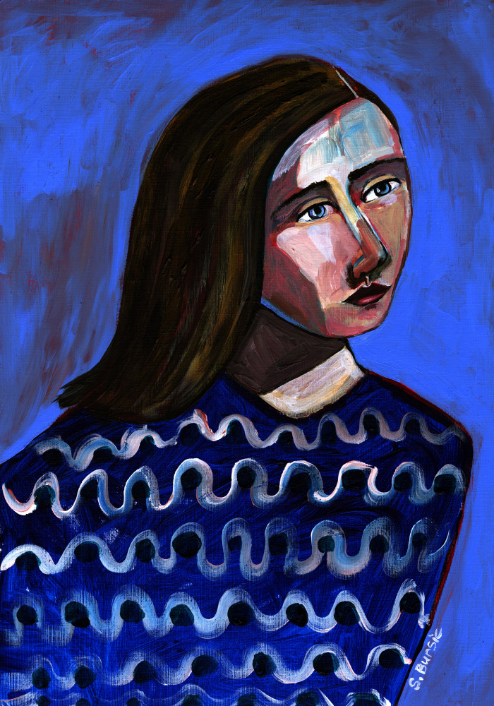Woman in Blue Sweater Naive Portrait Figurative à Sharyn Bursic