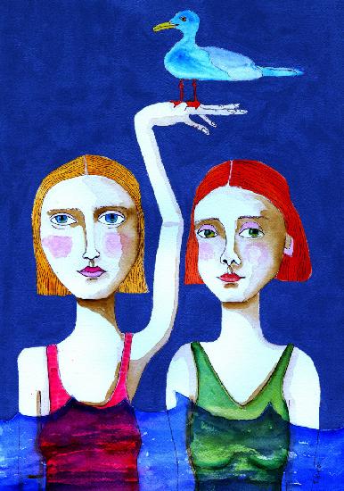 Swimming Ladies with Blue Bird