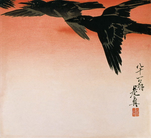 Crows in flight in a red sky à Shibata Zeshin