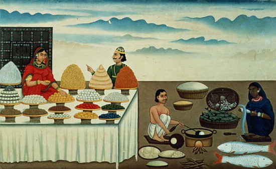 Fish seller, sweetmeat maker and sellers with their wares, Patna, c.1870 à Shiva Dayal Lal