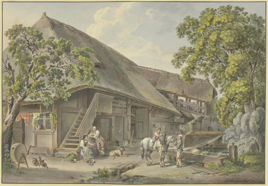 Schweizerhaus, am Brunnen Bauer mit einem Schimmel, auf dem ein Knabe reitet à Sigmund Freudenberger