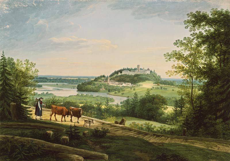 paysanne avec des vaches devant le château de Neubeuern à Inn à Simon Warnberger