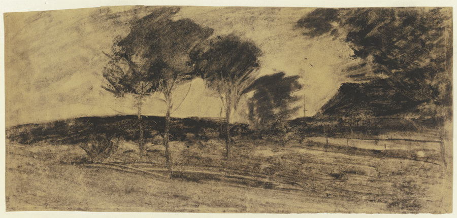 Landschaft, links kleiner Hügel, davor drei Bäume, rechts Haus à Sion Longley Wenban