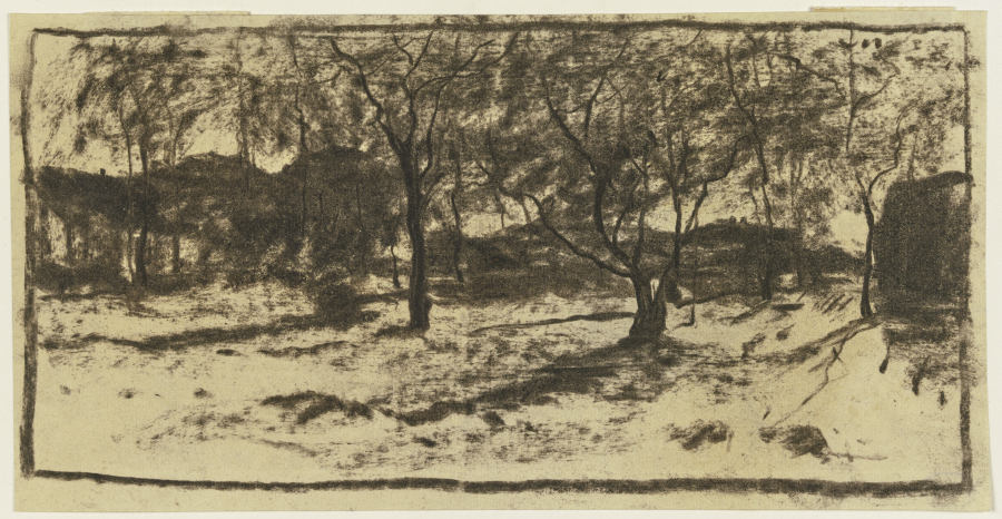 Obstbäume im Schnee, im Hintergrund Häuser à Sion Longley Wenban