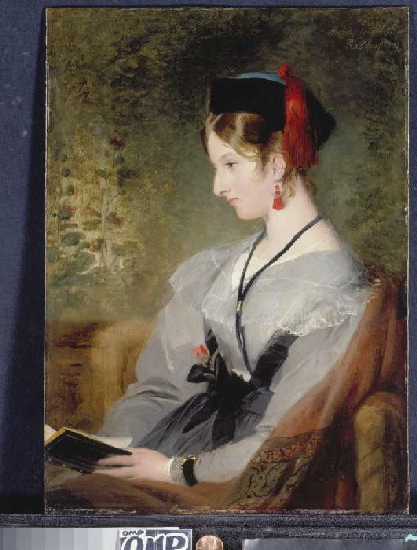 Bildnis von Elizabeth Wells (spätere Lady Dyke) in grauem Kleid mit Buch. à Sir Edwin Henry Landseer