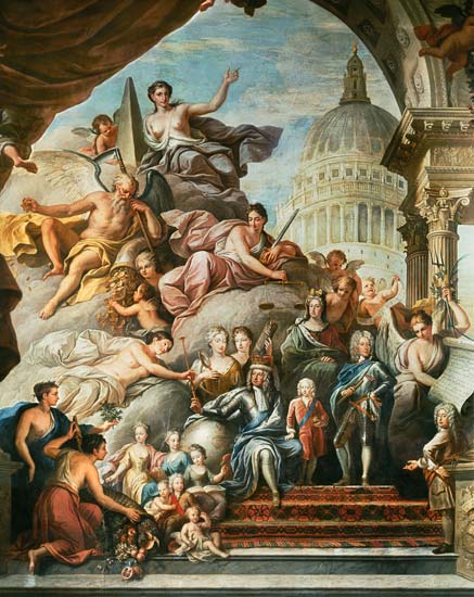Rear wall painting of the Upper Hall glorifyng George I (1660-1727) and the House of Hanover à Sir James Thornhill