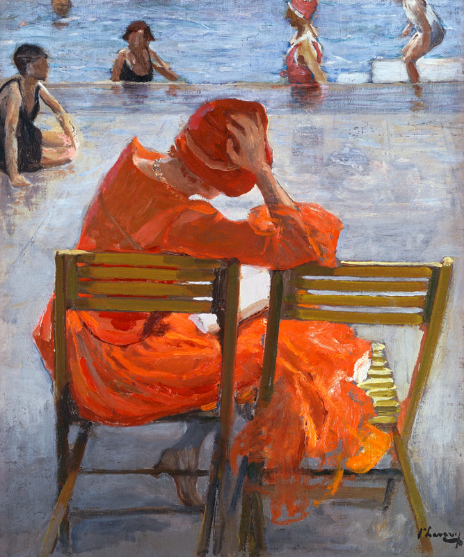  Jeune femme en robe rouge près d'une piscine à Sir John Lavery