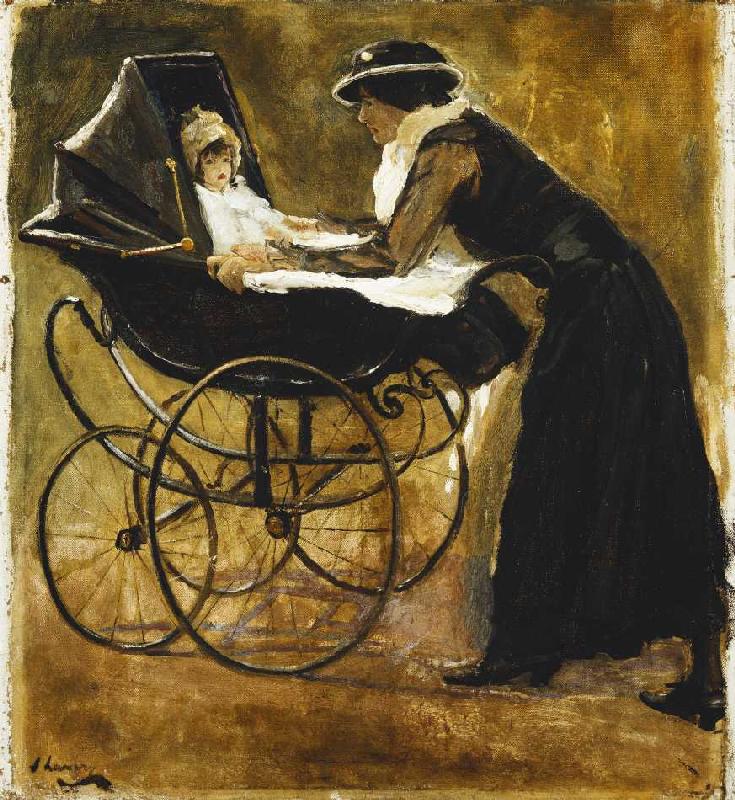 Eine junge Frau mit Baby in einem Kinderwagen. à Sir John Lavery
