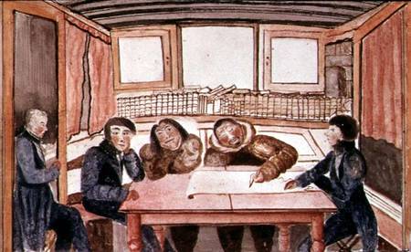 Two eskimos, Ikmalik and Apelaglui sketching the coast of King William Island on board the `Victory' à Sir John Ross