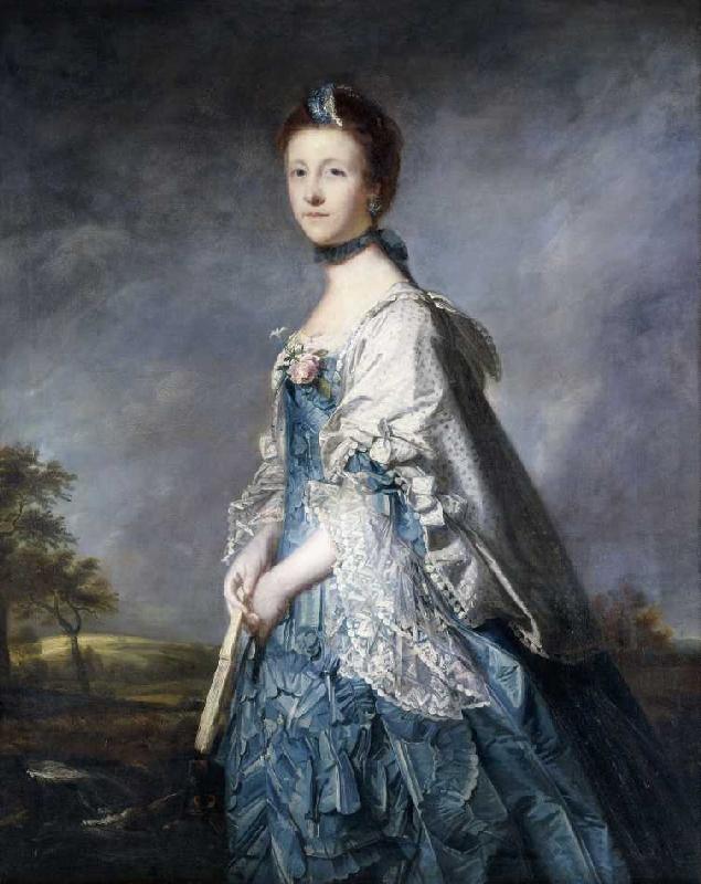 Bildnis der Countess Winterton in einem blauen Kleid vor einer Landschaft. à Sir Joshua Reynolds