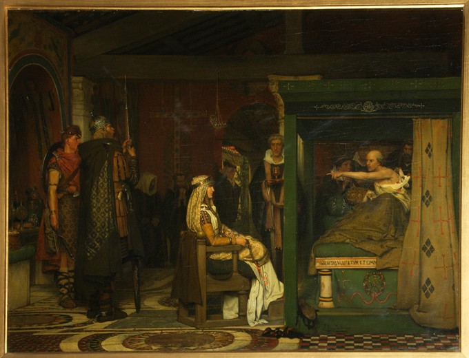 Fredegund visits Bishop Prætextatus on his deathbed à Sir Lawrence Alma-Tadema