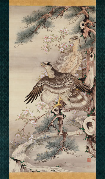 Pair of Hawks with Branch and Blossoms à Soga Shohaku