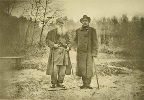 Leo Tolstoy and the author Maxim Gorky (1868-1936)
