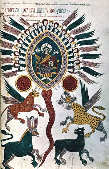 Additional 11695, fol.240 Daniel''s vision of the Four Beasts and God enthroned, from the Beatus Apo à École espagnole