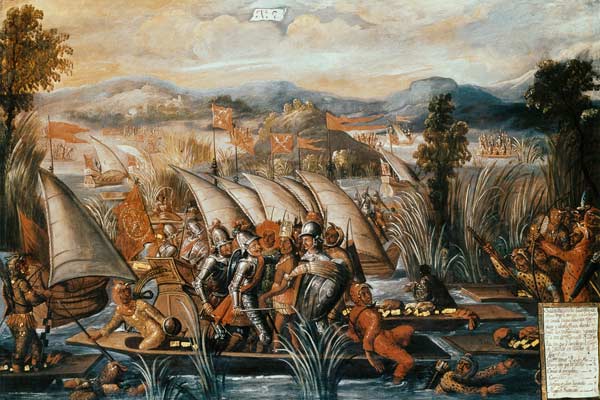 The Capture of Guatemoc (c.1495-1522), the last Aztec Emperor of Mexico à École espagnole