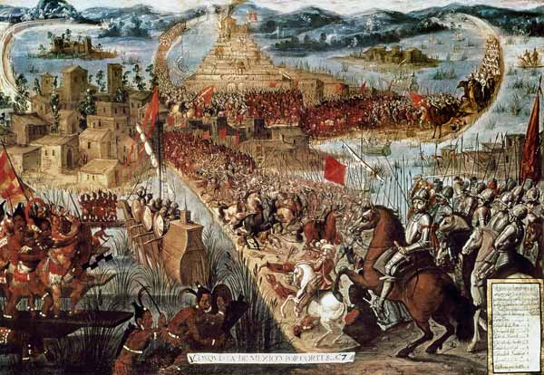 The Taking of Tenochtitlan by Cortes à École espagnole