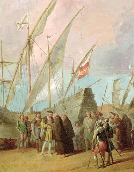 Departure of Christopher Columbus (1451-1506) from Palos, detail of the central group à École espagnole