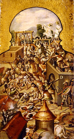 Depiction of the atrocities committed during the fighting for the conquest of the Temple Mayor and t à École espagnole
