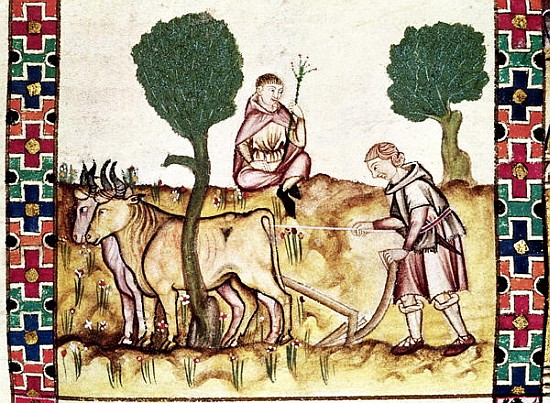 Fol.237r A farmer teaching his son to plough a field à École espagnole