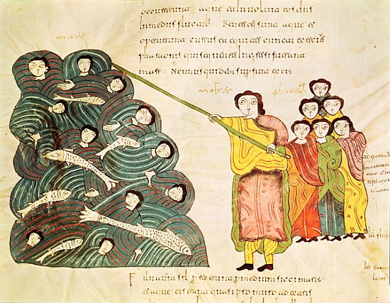Fol.39v Moses closing the Red Sea on the Egyptians, from the ''Bible Mozarabe'' à École espagnole