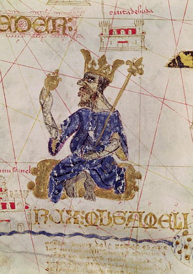 Kankou Mousa, King of Mali, from the Map of Charles V, Map of Mecia de Viladestes, a portulan of Eur à École espagnole
