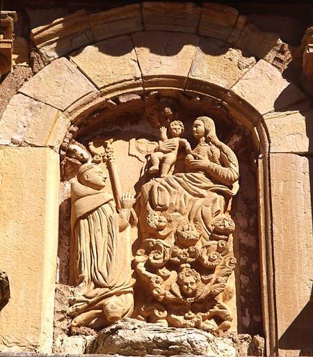 Madonna and Child with a Cistercian Monk, detail from the facade of the monastery founded in 1194 an à École espagnole