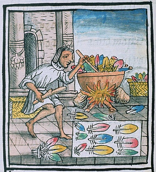 Ms Palat. 218-220 Aztec artisans dyeing feathers, from the ''Florentine Codex'' by Bernardino de Sah à École espagnole