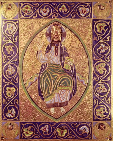 Plaque depicting Christ blessing (gold & champleve enamel) à École espagnole