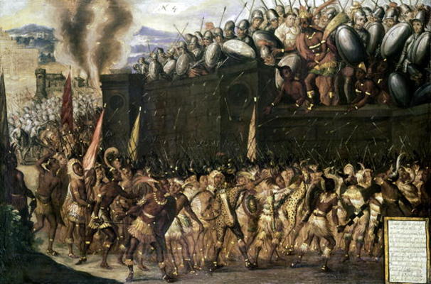 Montezuma (1466-1547), captured by the Spaniards, pleads with the Aztecs to surrender as they attack à Ecole espagnole, (16ème siècle)